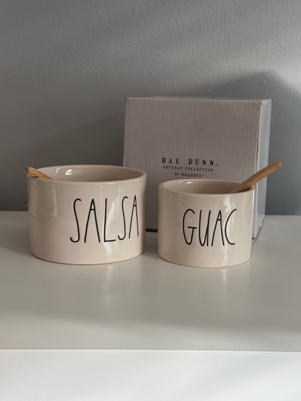Rae Dunn Cream Ceramic SALSA & GUAC Dip Bowls Set with Wooden Spoons